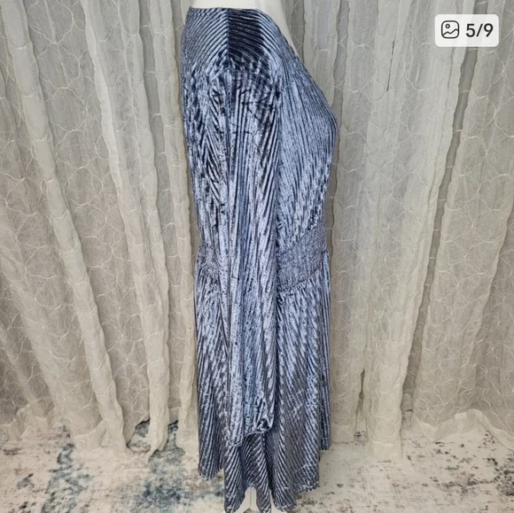 Zeagoo Vevlvet Metallic Light Blue Long Sleeve V neck Mini Dress Smocked Waist - Picture 6 of 9